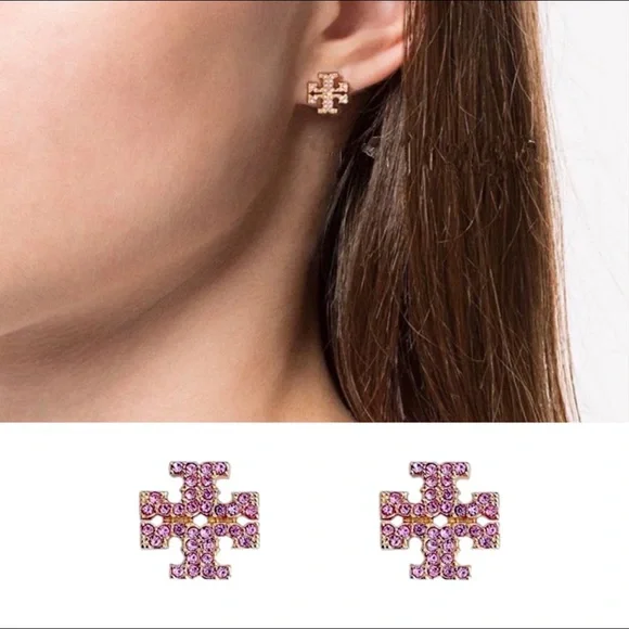 Tory Burch Gold Logo Pink Gemstone Stud Earrings - Picture 5 of 9